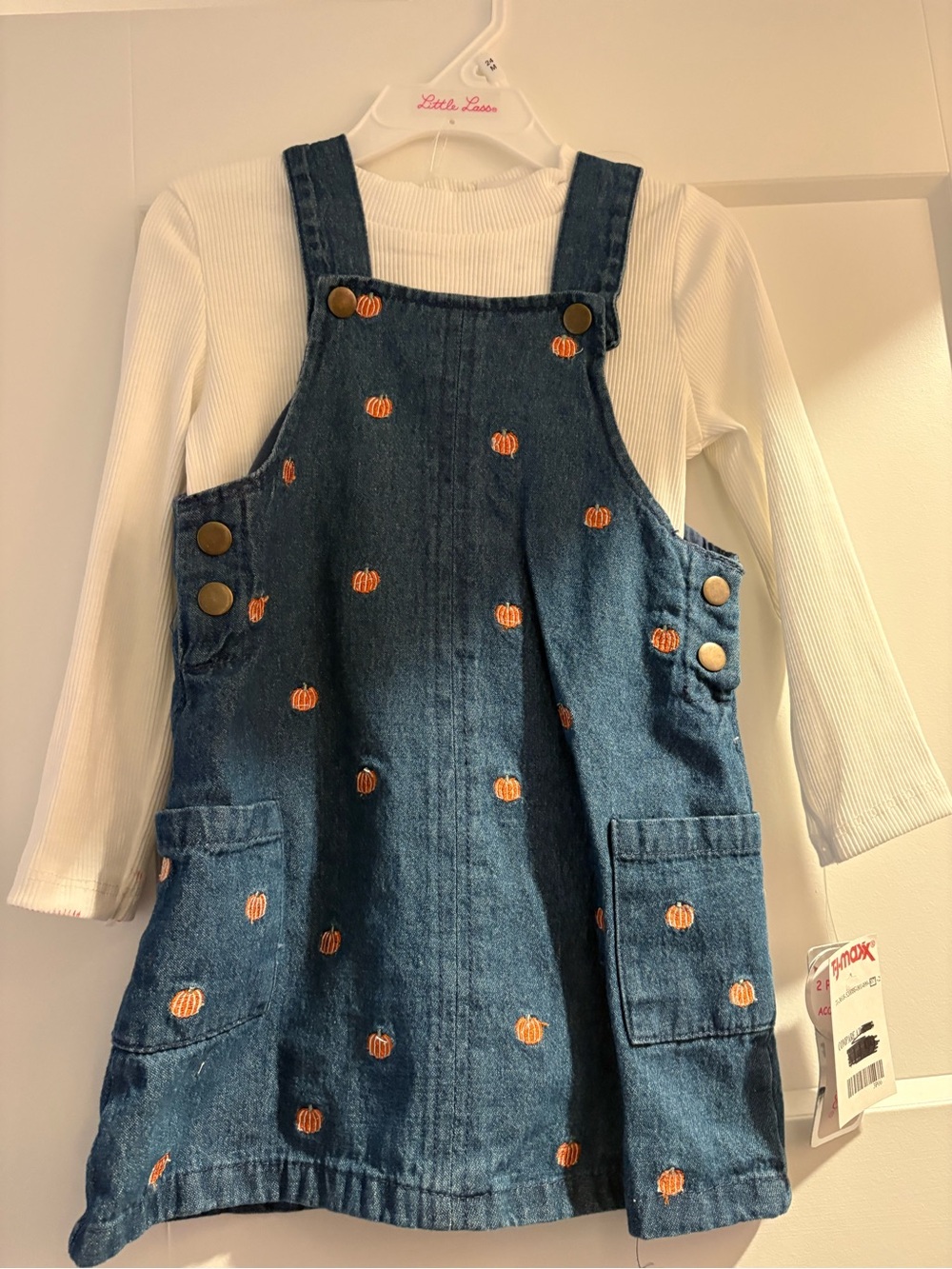 T.J.Maxx Denim Pinafore Jumper with Orange Pumpkin Embroidery